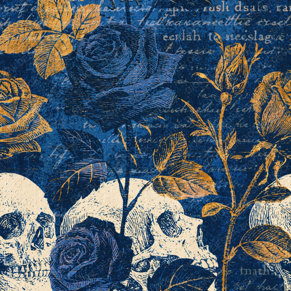 Single Scratchboard Roses Skulls Indigo Ivory digital paper shown full size