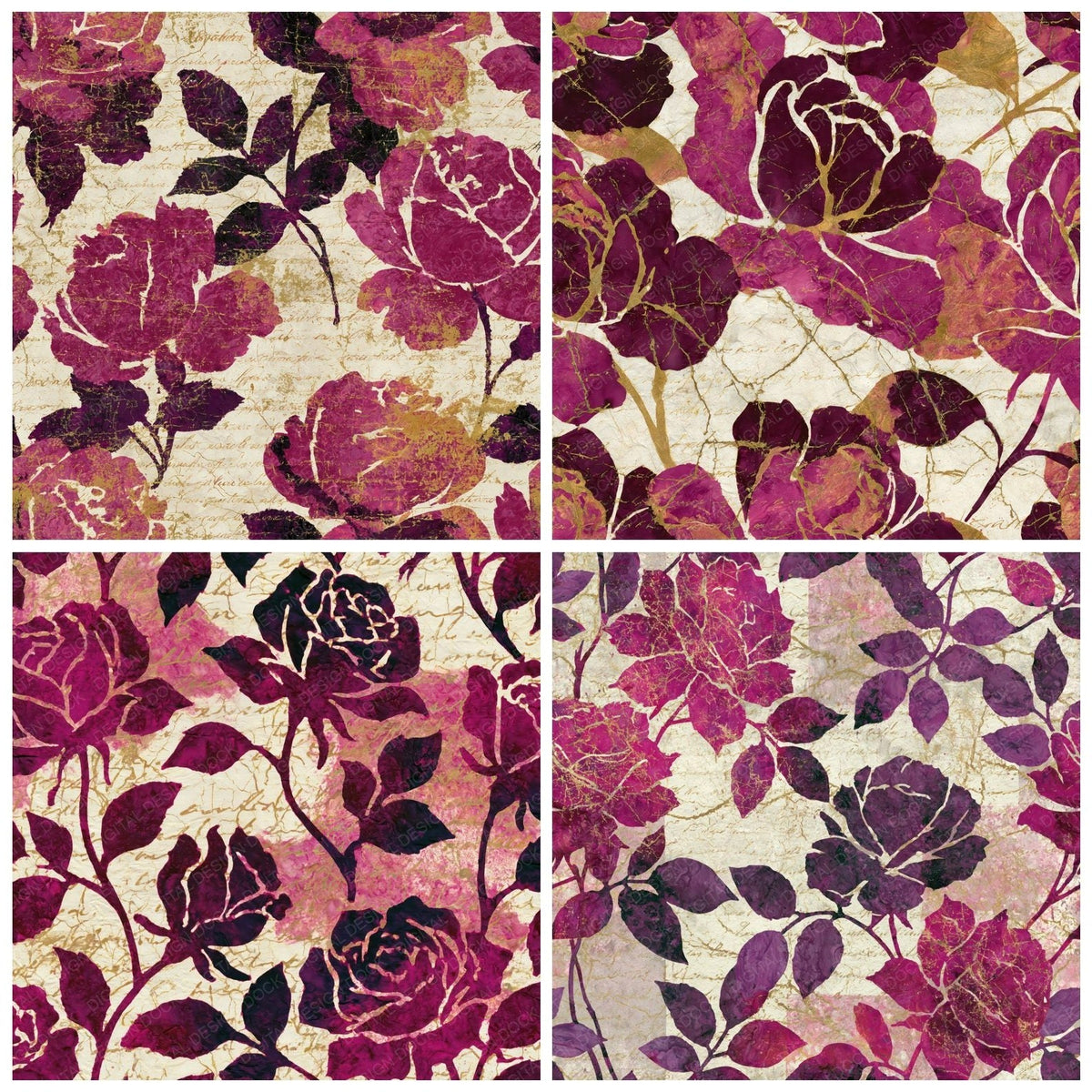 Four more Batik Roses Magenta Burgundy digital papers from the pack shown in a grid