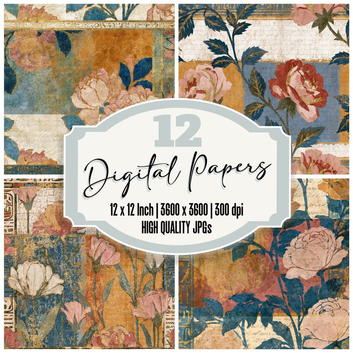 Egyptian Frieze Roses Sepia Cream digital paper pack cover showing four of the 12 papers