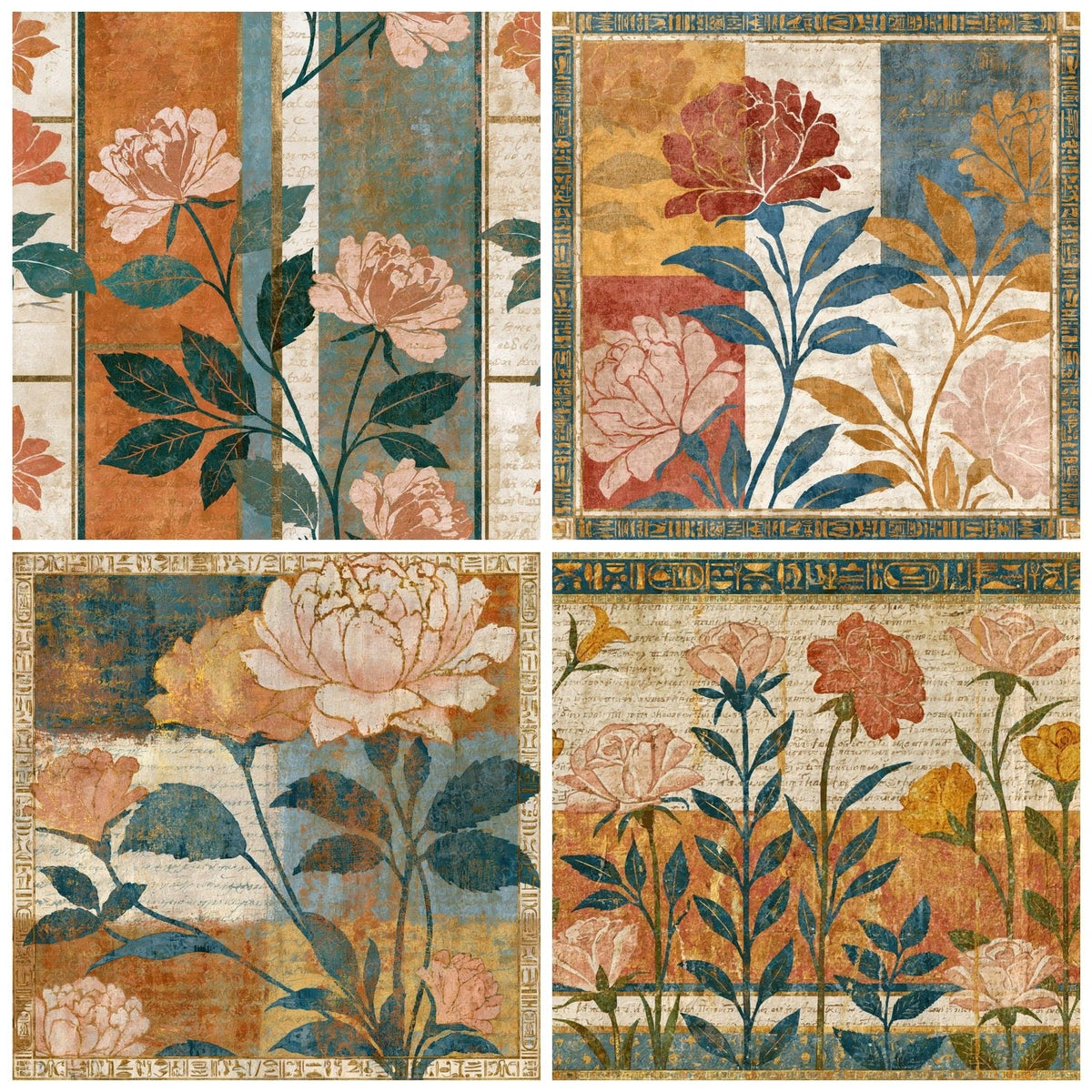 Four Egyptian Frieze Roses Sepia Cream digital papers from the pack shown in a grid