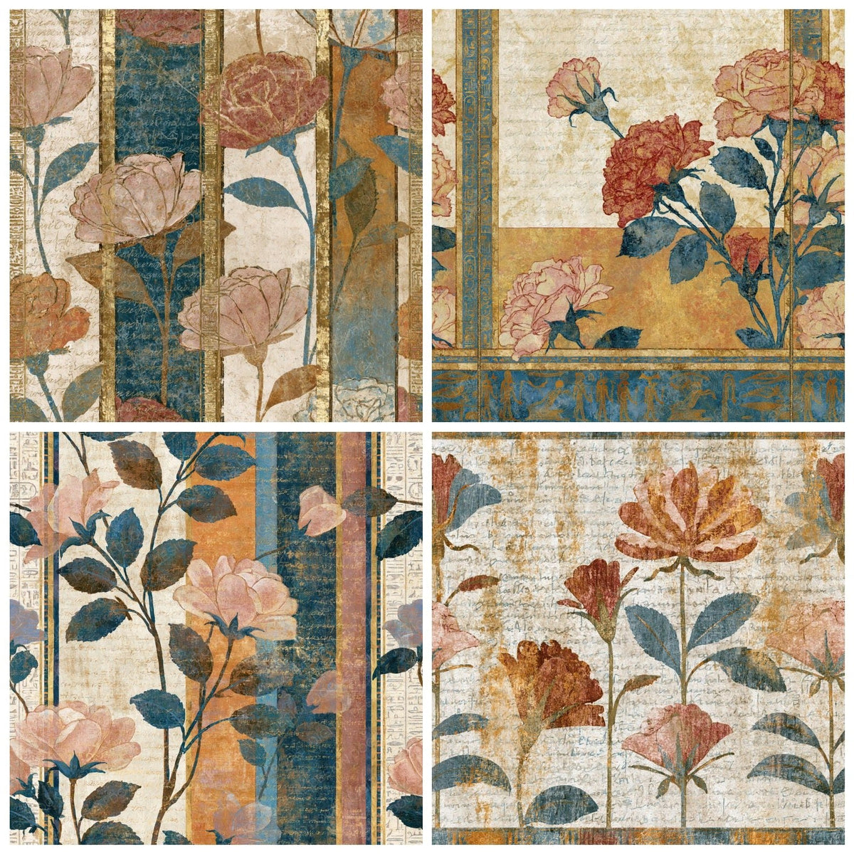 Four more Egyptian Frieze Roses Sepia Cream digital papers from the pack shown in a grid