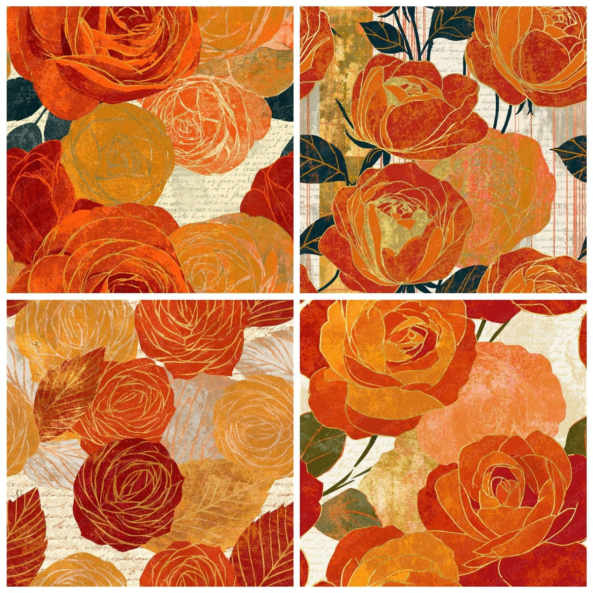 Four more Ert Roses Burnt Orange Cream Seamless digital papers from the pack shown in a grid