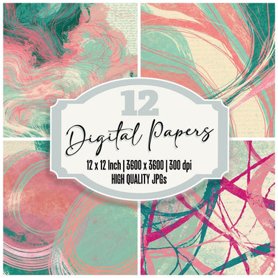Expressionist Line Art Pink Mint Abstract Digital Paper Pack (DDD016769)