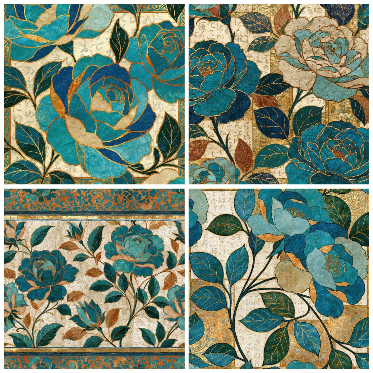 Four Illuminated Manuscript Roses Turquoise Bone digital papers from the pack shown in a grid
