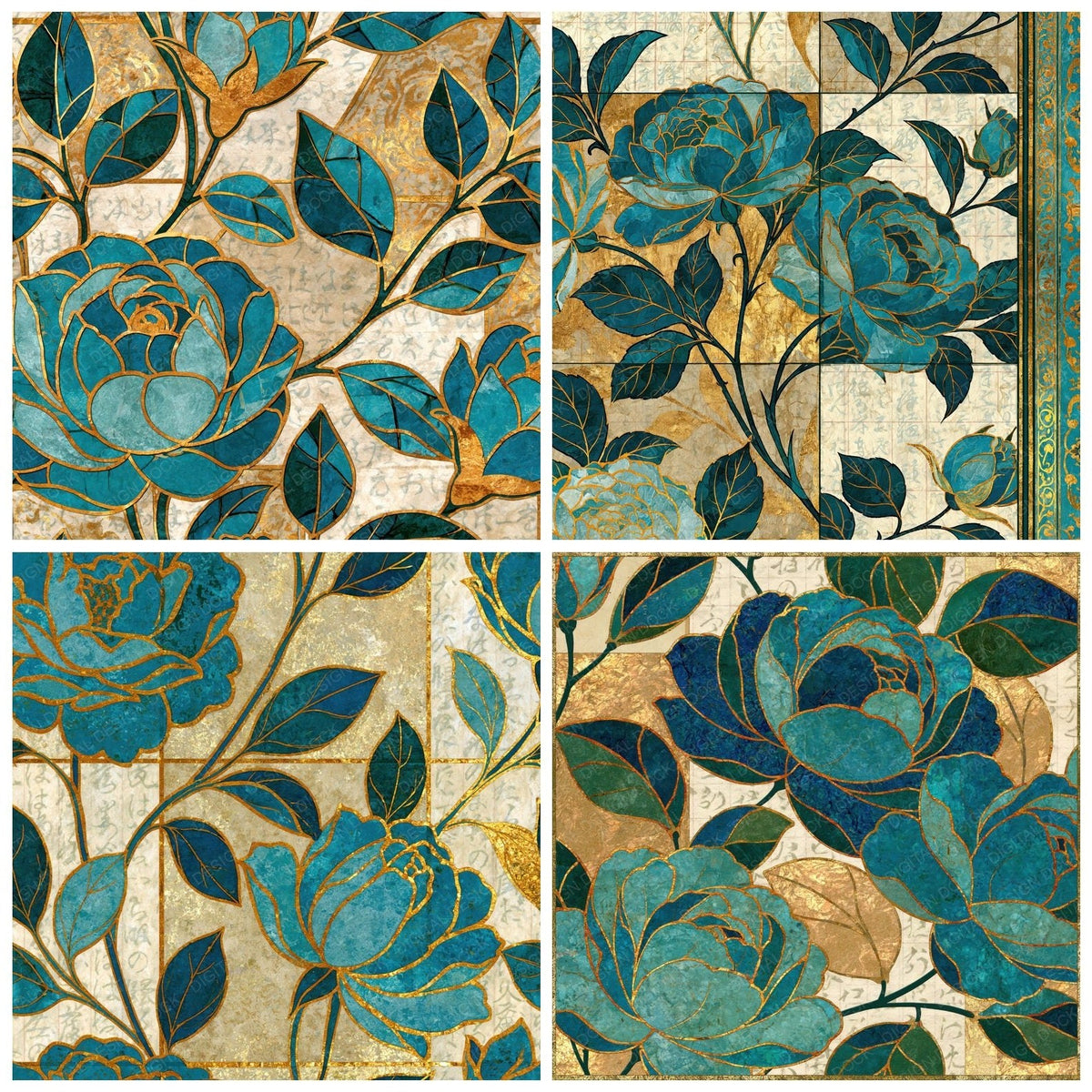 Four more Illuminated Manuscript Roses Turquoise Bone digital papers from the pack shown in a grid
