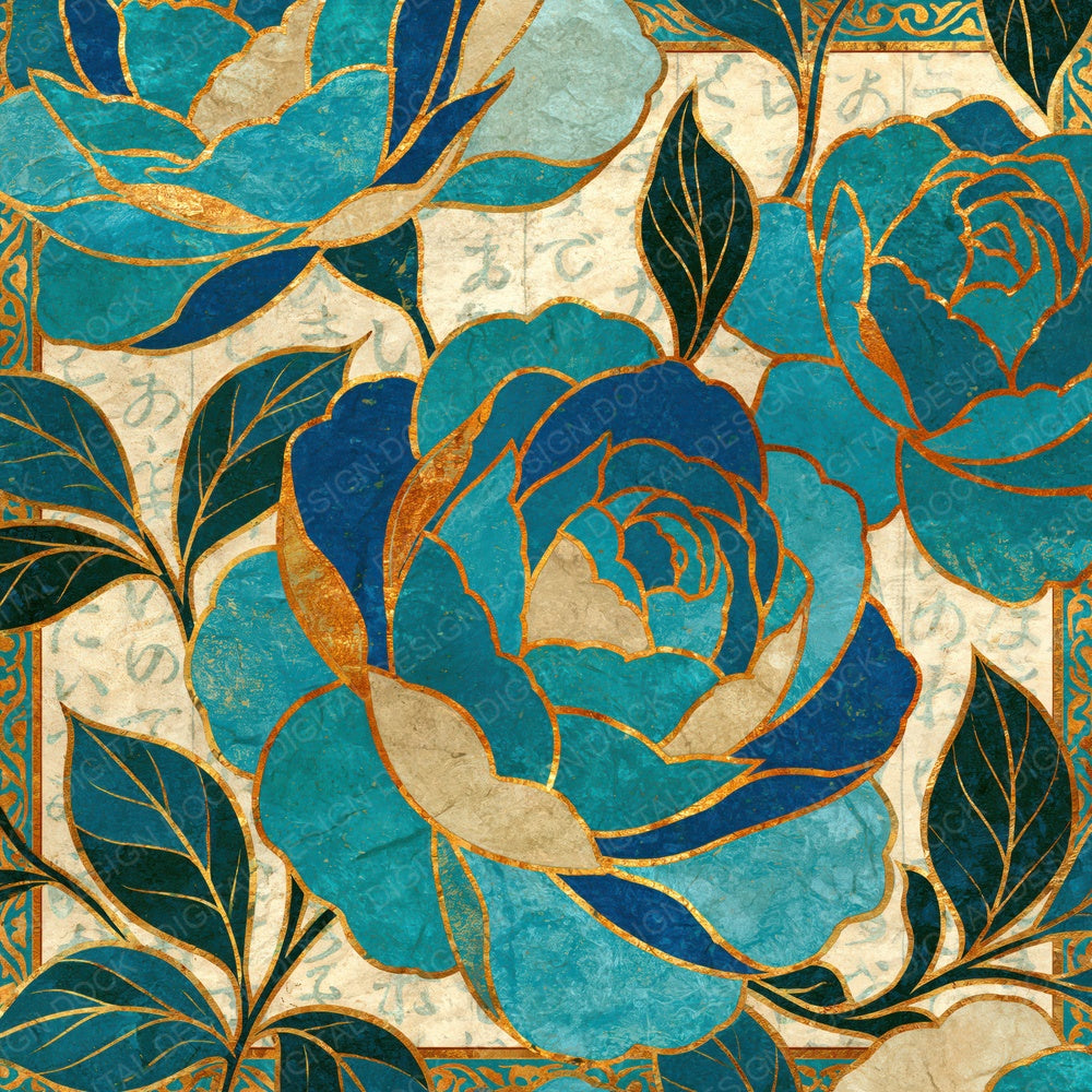 Single Illuminated Manuscript Roses Turquoise Bone digital paper shown full size