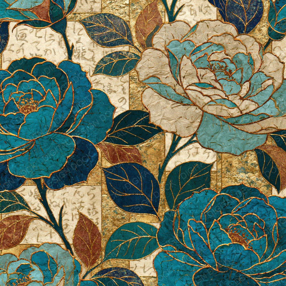 Another Illuminated Manuscript Roses Turquoise Bone digital paper shown full size