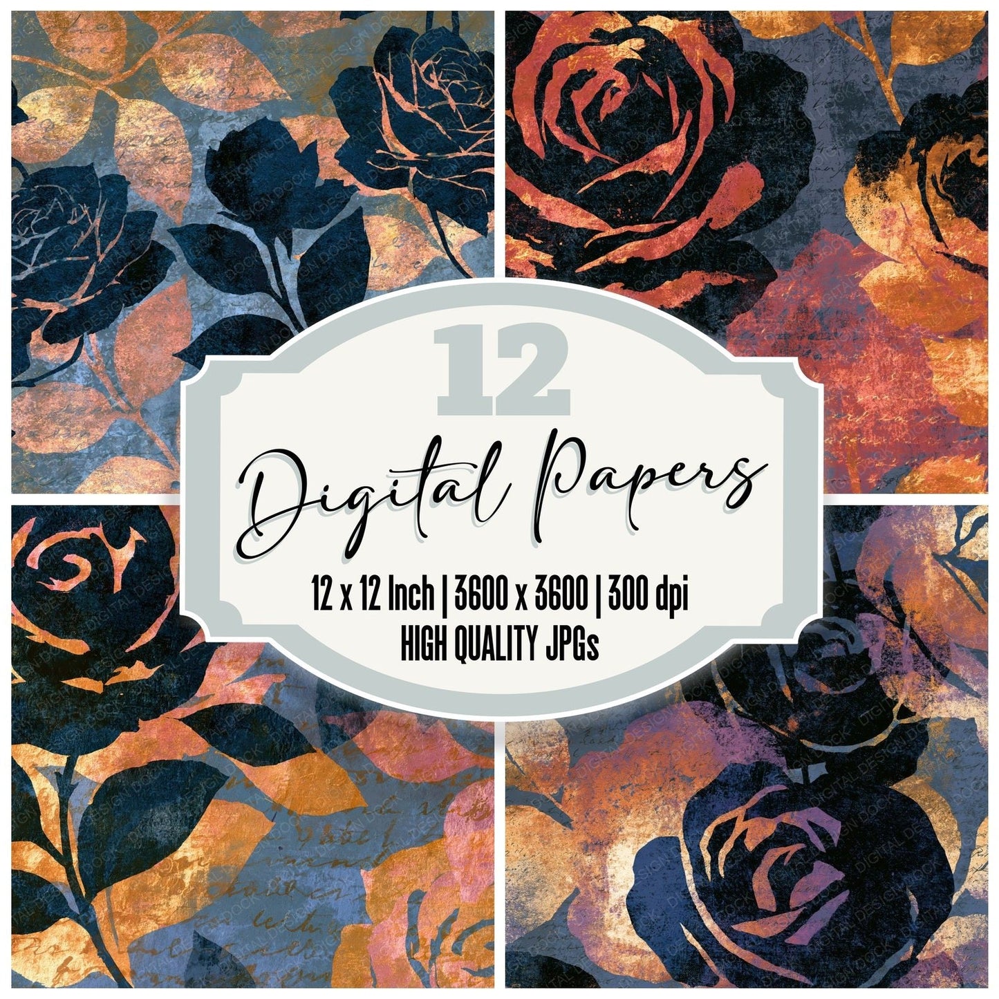 Layered Roses Ink Pewter Slate Digital Paper Pack (DDD016771)