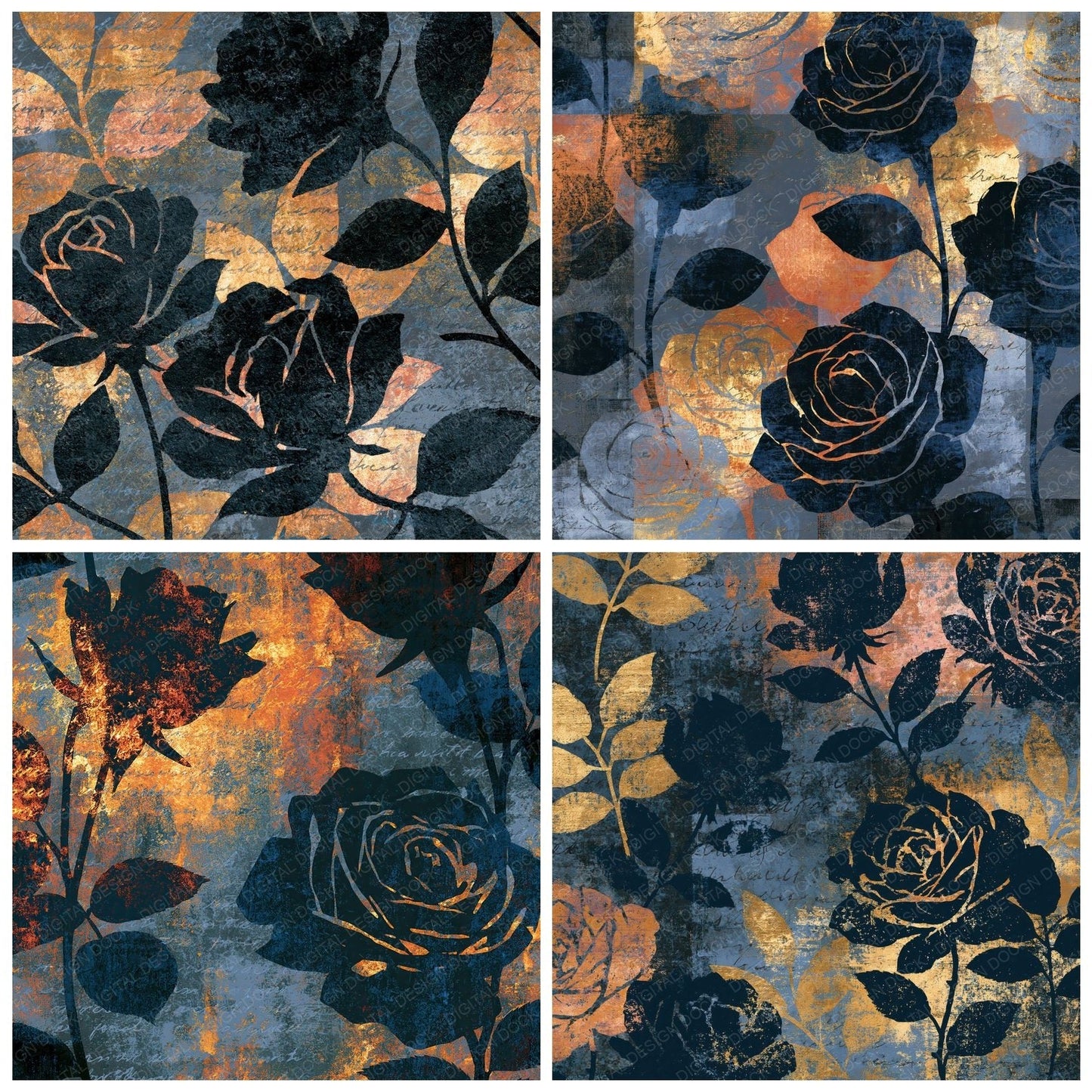Layered Roses Ink Pewter Slate Digital Paper Pack (DDD016771)