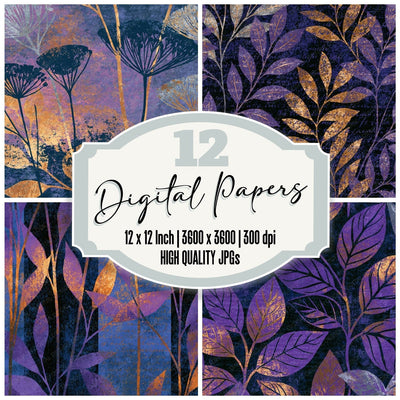 Linocut Line Art Violet Silver Abstract Digital Paper Pack (DDD016772)