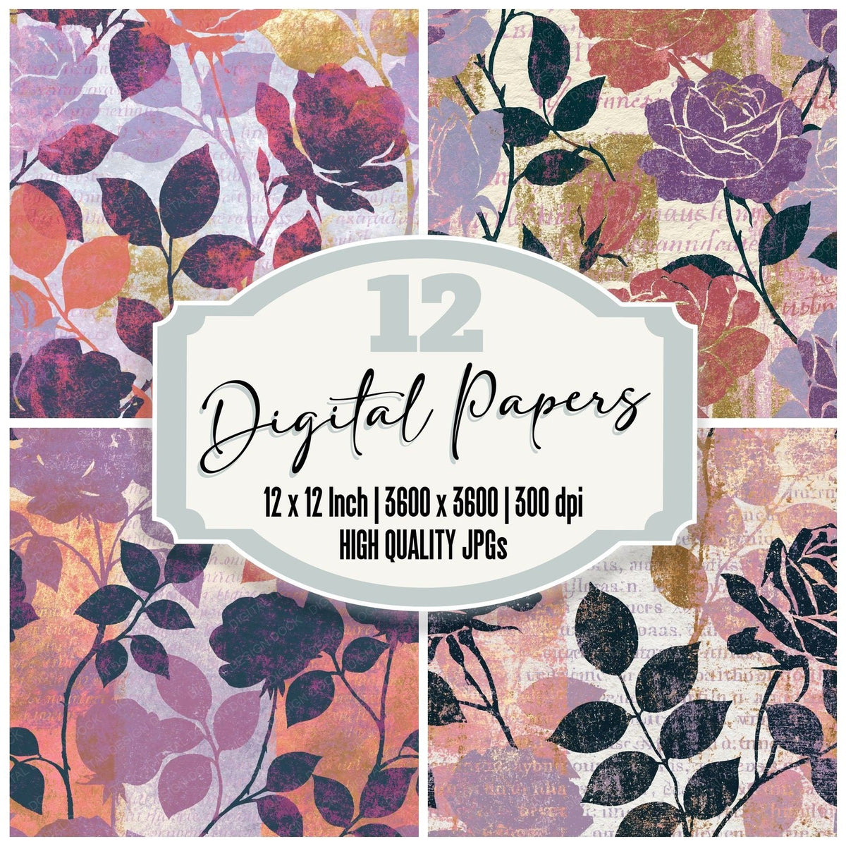 Lithograph Roses Lilac Chalk digital paper pack cover showing four of the 12 papers