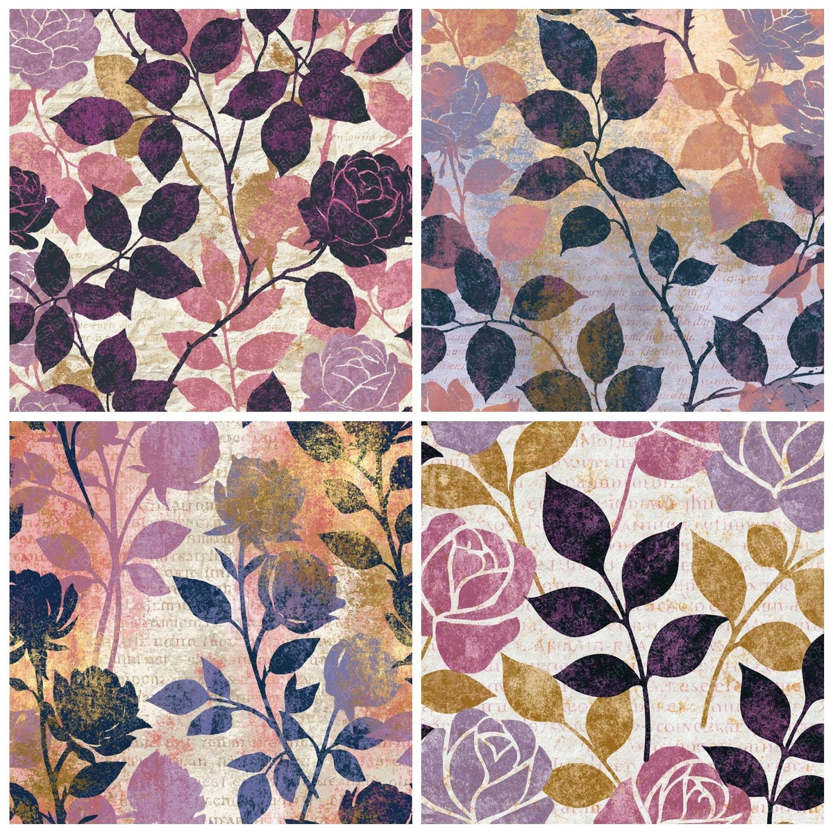 Four Lithograph Roses Lilac Chalk digital papers from the pack shown in a grid
