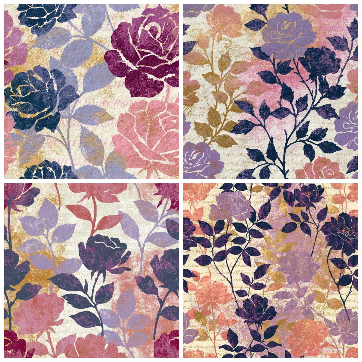 Four more Lithograph Roses Lilac Chalk digital papers from the pack shown in a grid