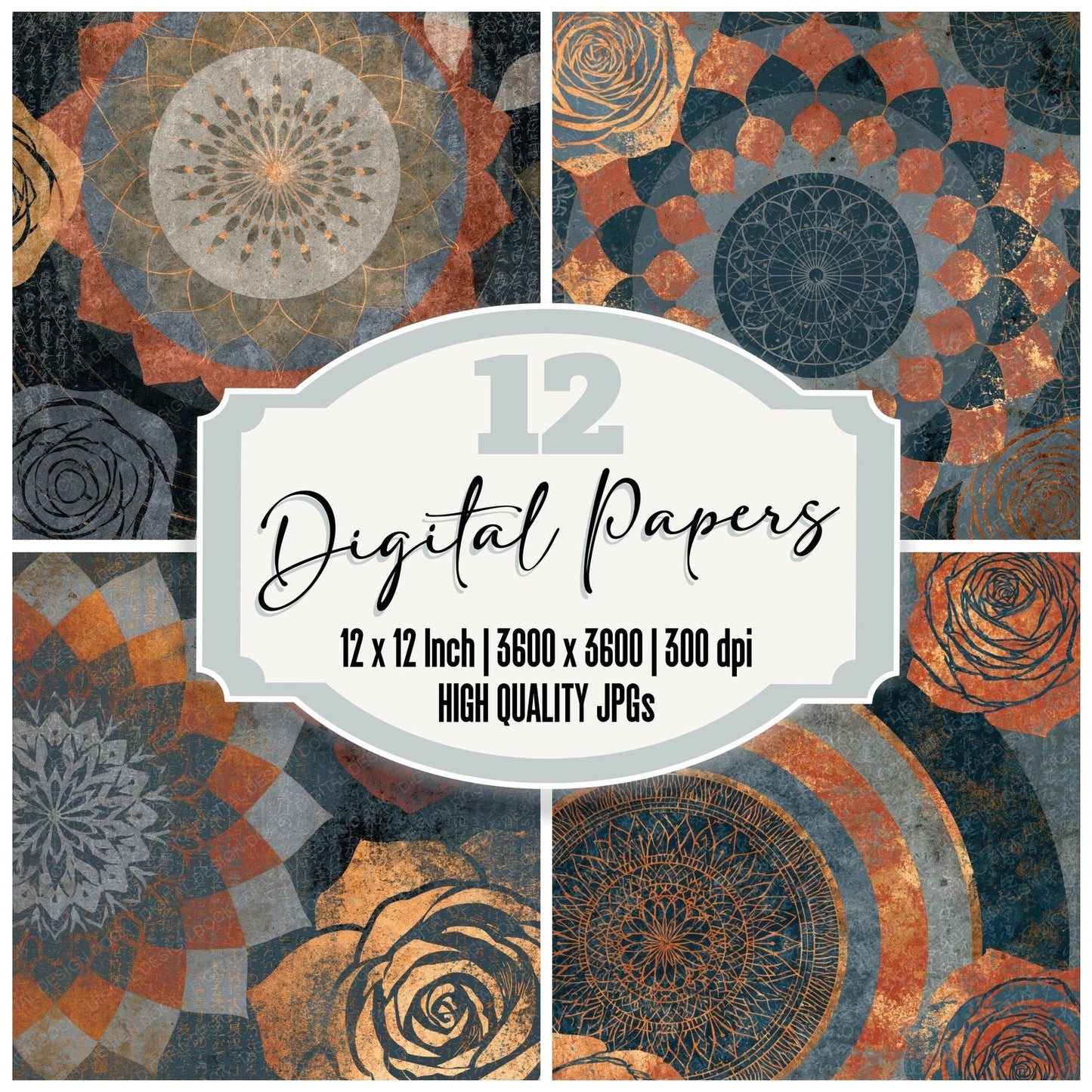 Mandala Roses Gunmetal Rust Abstract Digital Paper Pack (DDD016774)