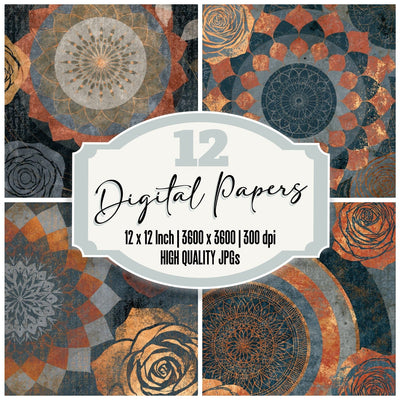 Mandala Roses Gunmetal Rust Abstract digital paper pack cover showing four of the 12 papers