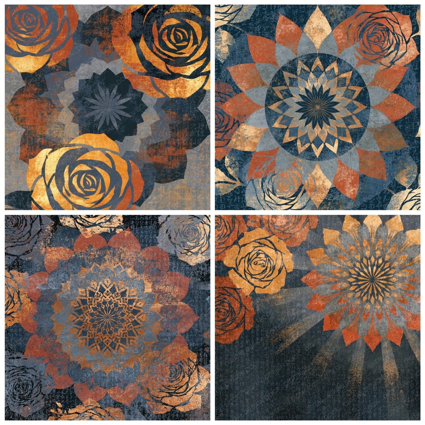 Mandala Roses Gunmetal Rust Abstract Digital Paper Pack (DDD016774)