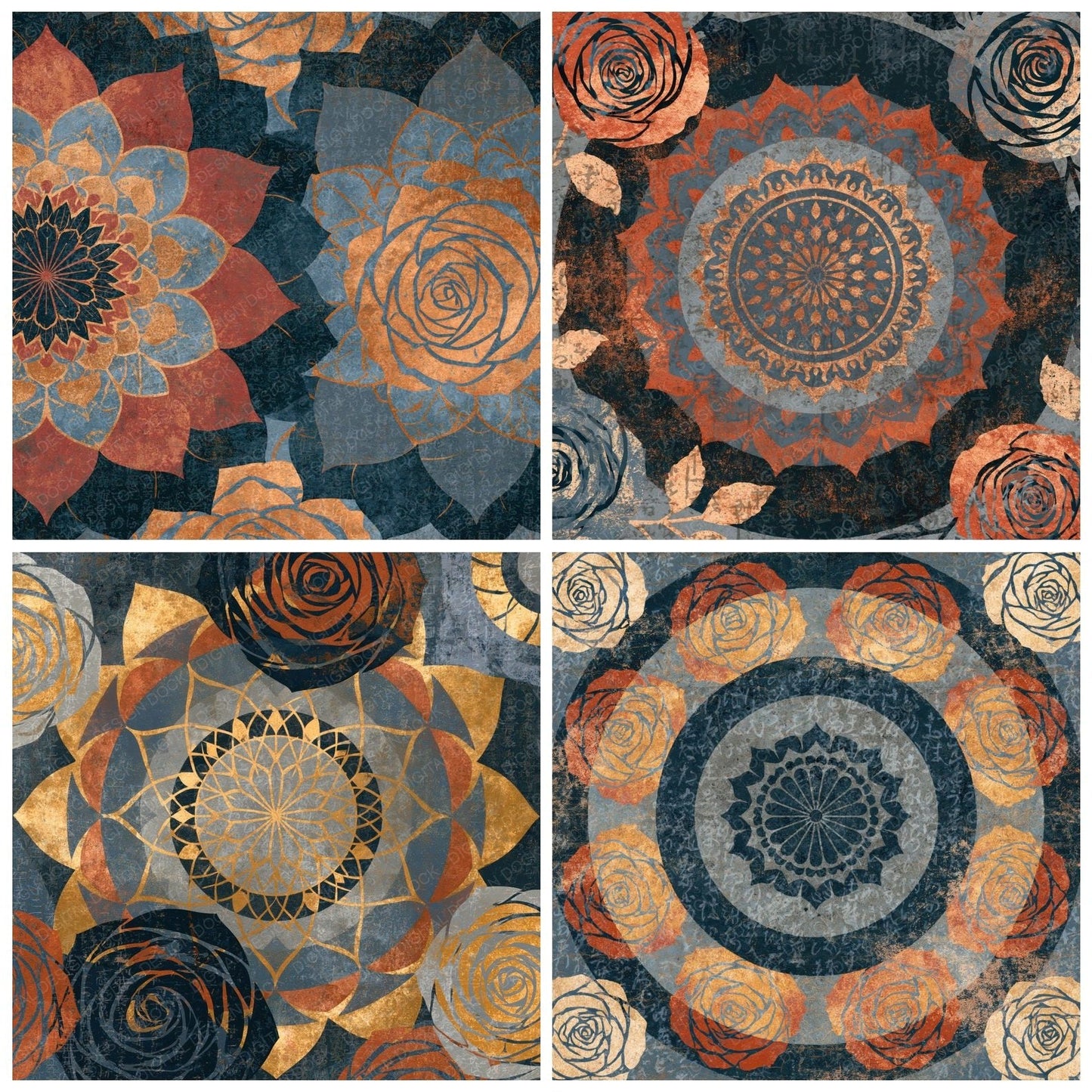 Mandala Roses Gunmetal Rust Abstract Digital Paper Pack (DDD016774)