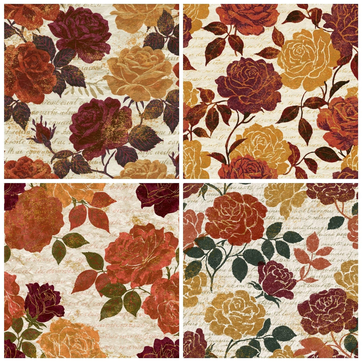 Four Moku Hanga Roses Rust Maroon Goldenrod digital papers from the pack shown in a grid