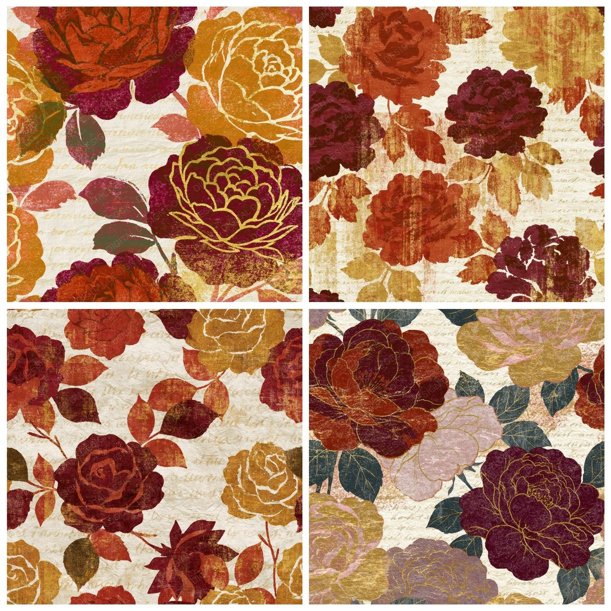 Four more Moku Hanga Roses Rust Maroon Goldenrod digital papers from the pack shown in a grid