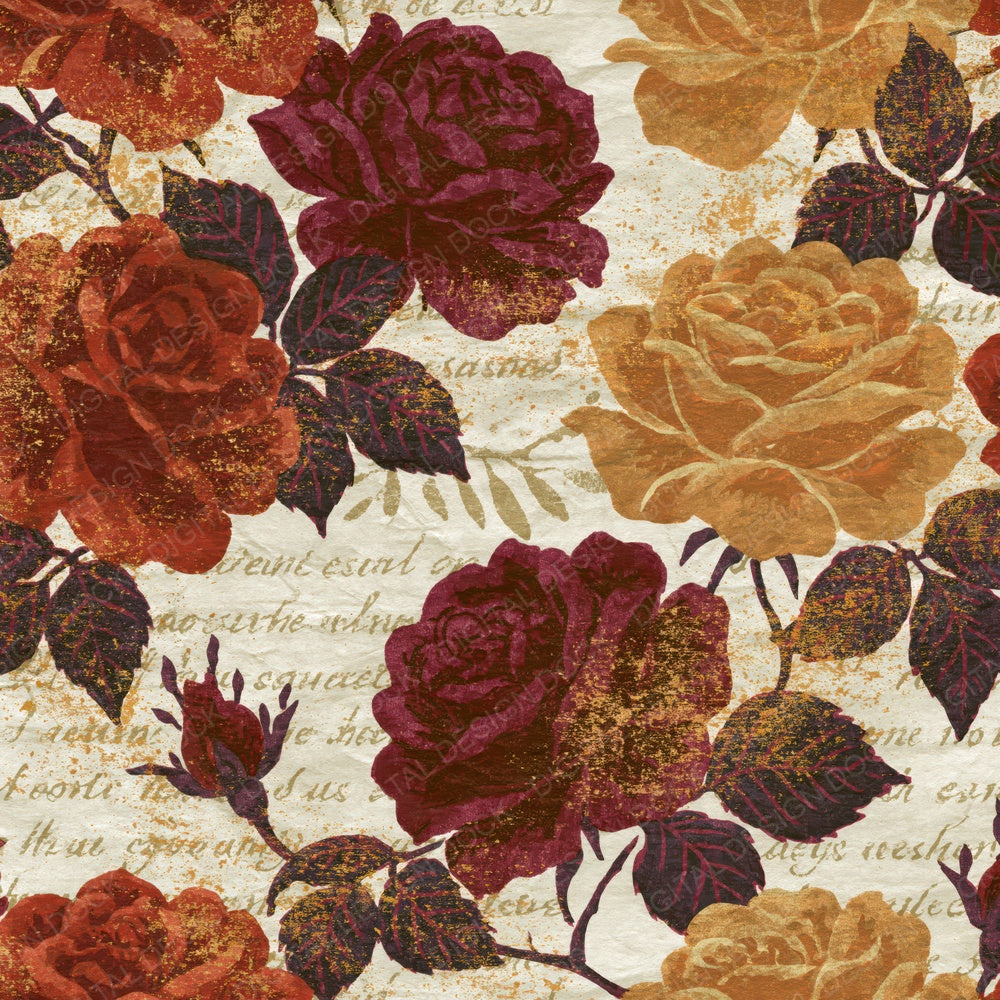 Single Moku Hanga Roses Rust Maroon Goldenrod digital paper shown full size
