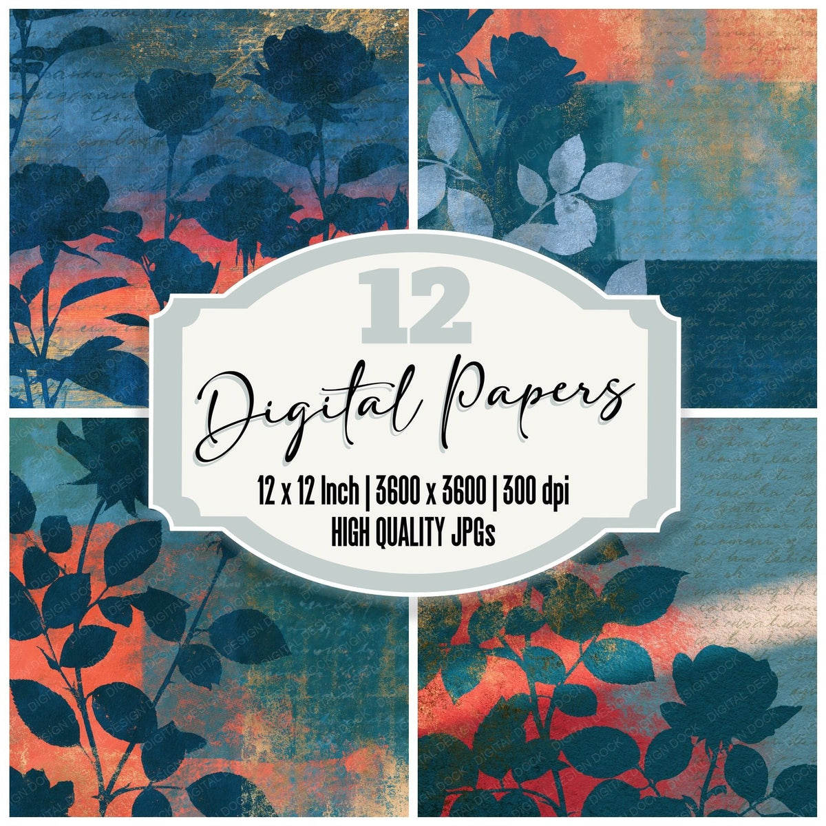 Photogram Roses Lagoon Coral digital paper pack cover showing four of the 12 papers