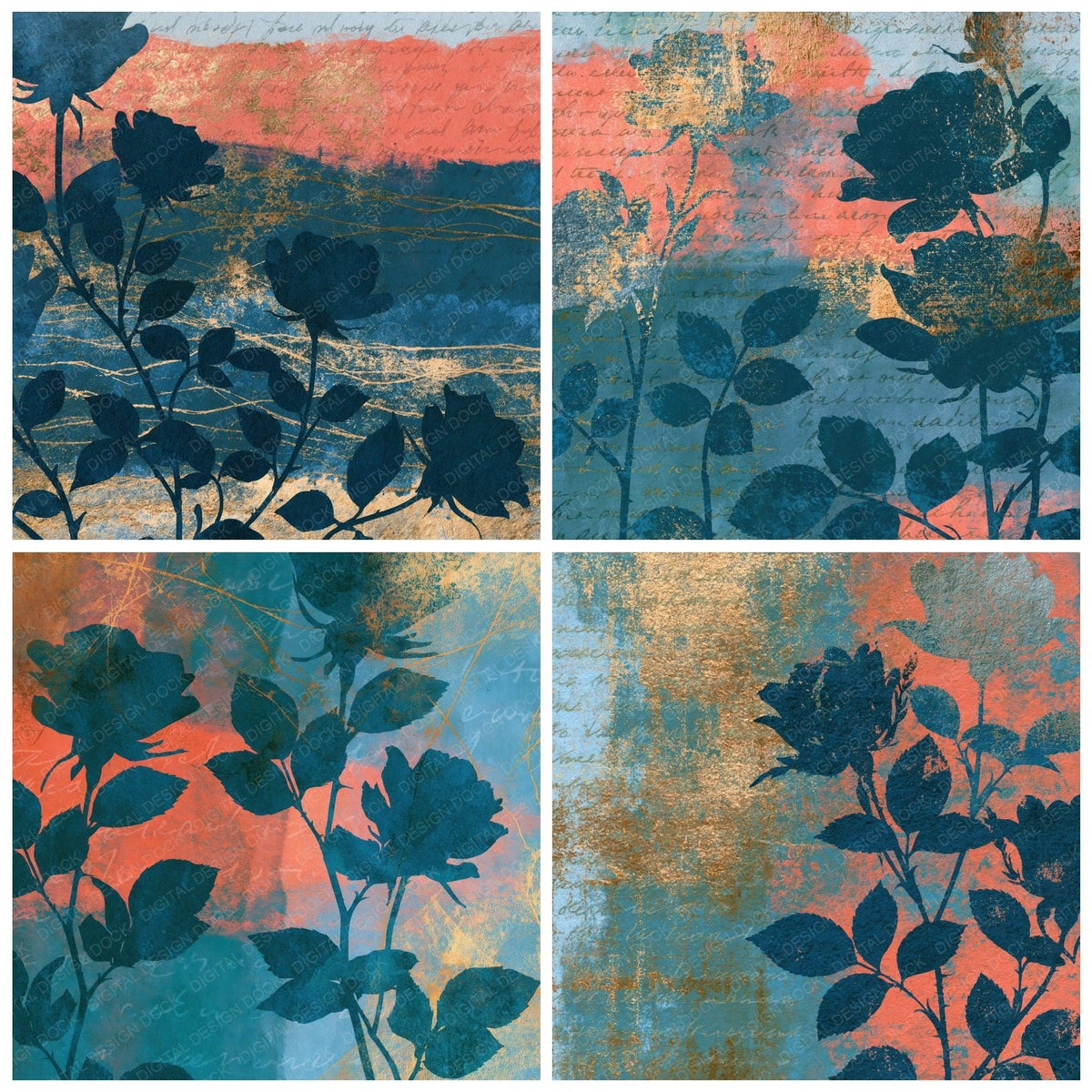 Four Photogram Roses Lagoon Coral digital papers from the pack shown in a grid