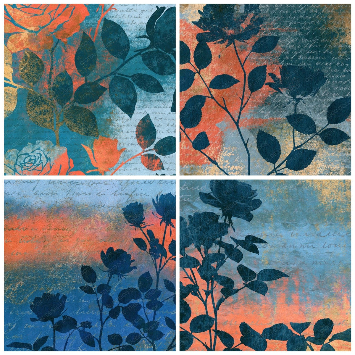 Four more Photogram Roses Lagoon Coral digital papers from the pack shown in a grid