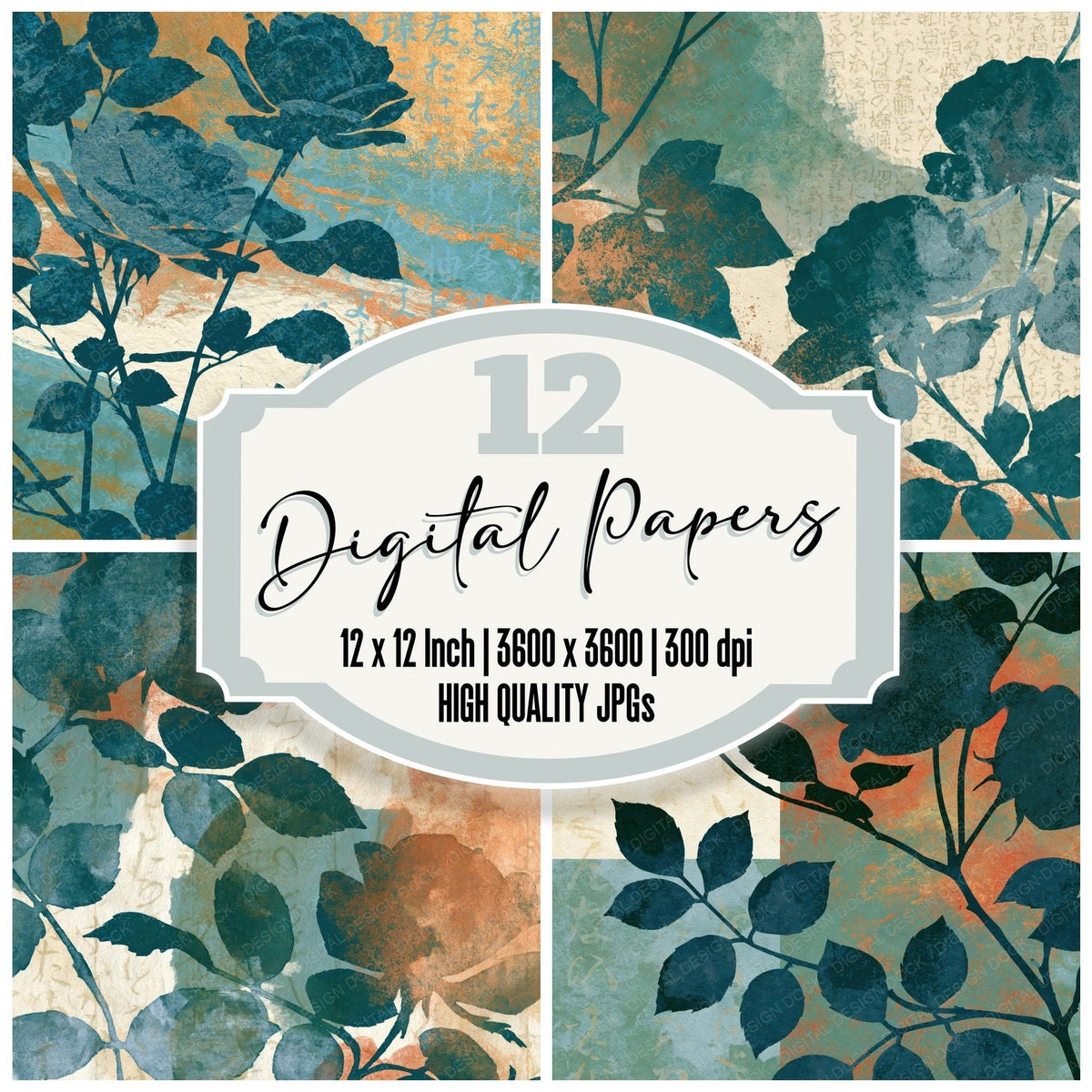 Photogram Roses Sea Green Cream digital paper pack cover showing four of the 12 papers
