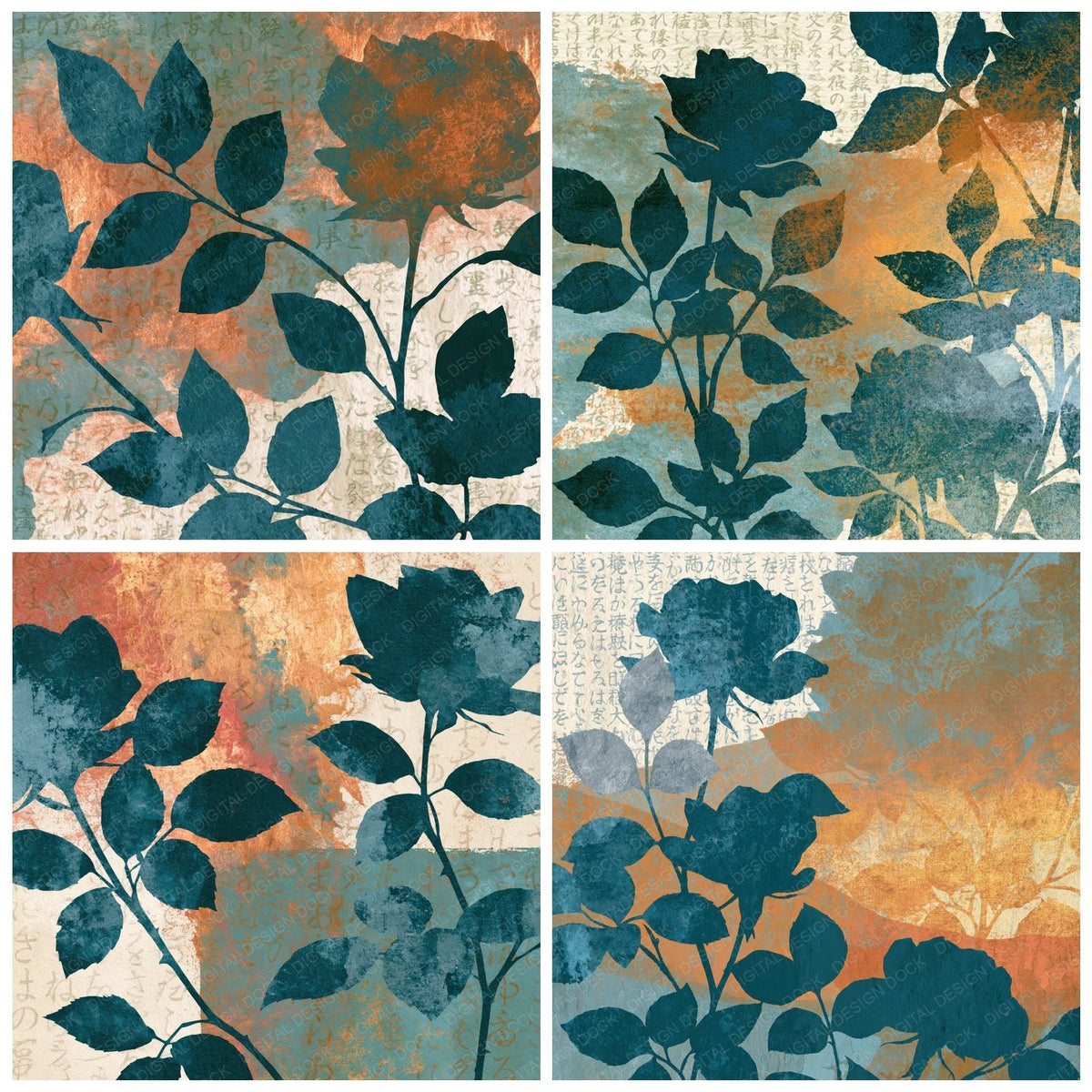 Four Photogram Roses Sea Green Cream digital papers from the pack shown in a grid