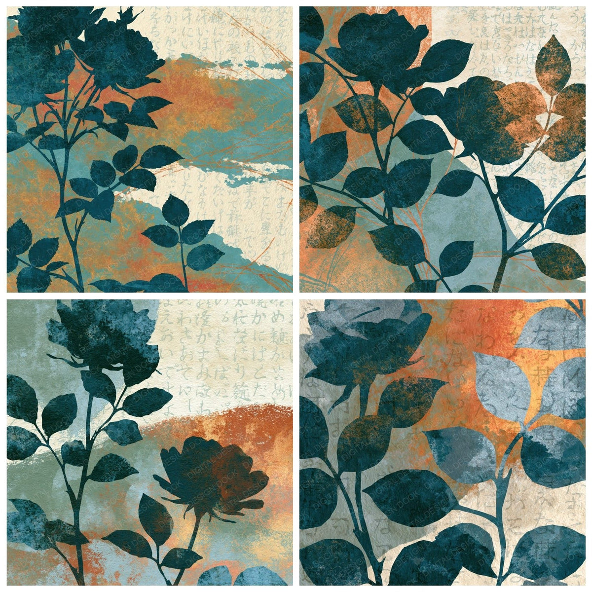 Four more Photogram Roses Sea Green Cream digital papers from the pack shown in a grid