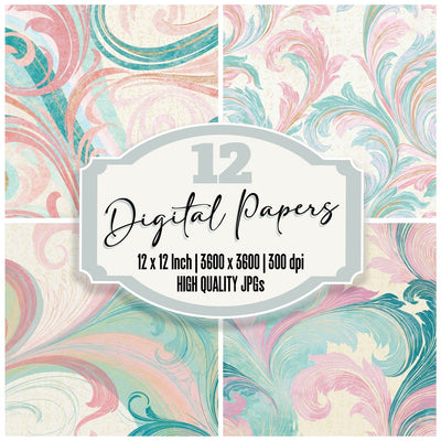 Rococo Line Art Pink Seafoam Abstract Digital Paper Pack (DDD016778)