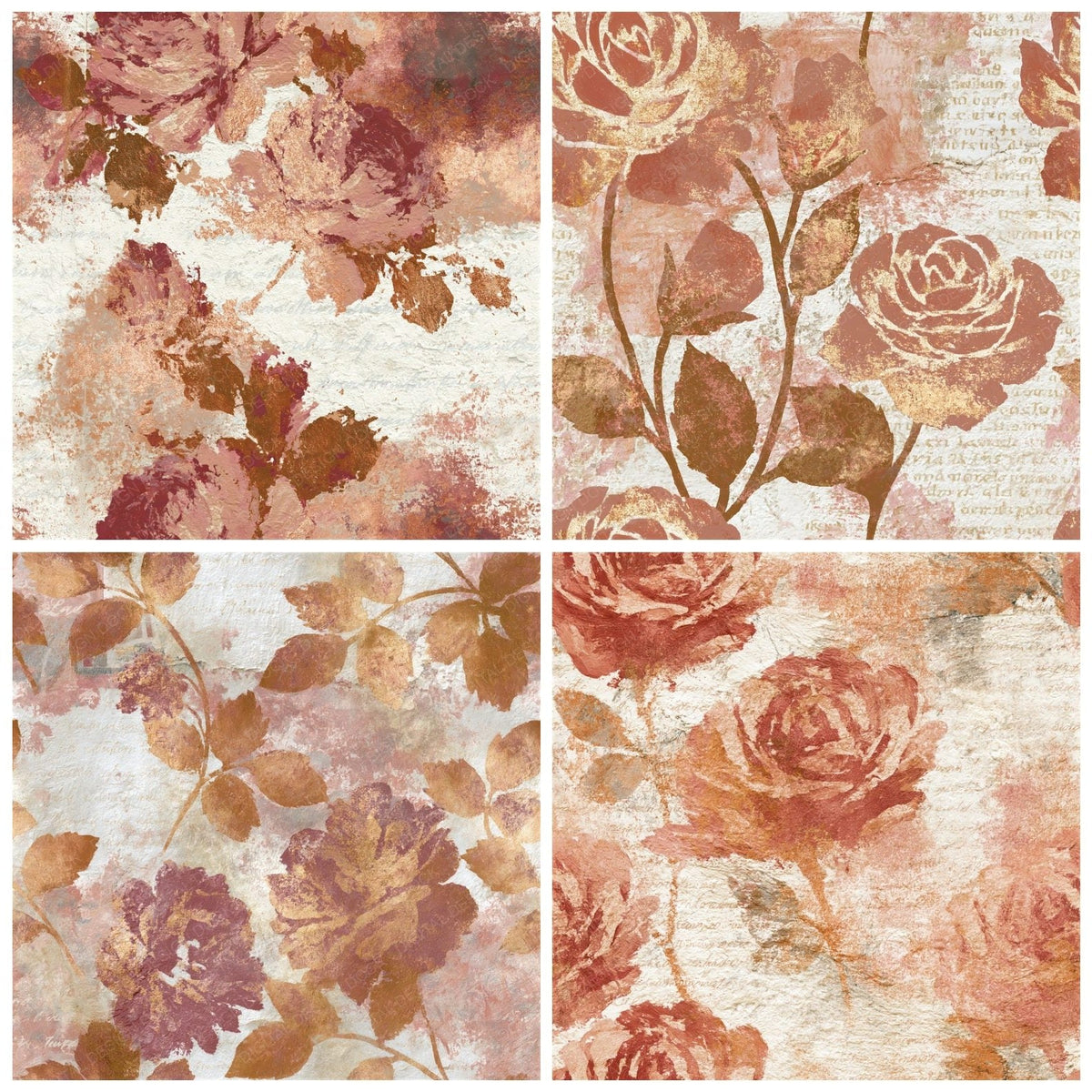 Four Roman Fresco Roses Copper Seamless digital papers from the pack shown in a grid