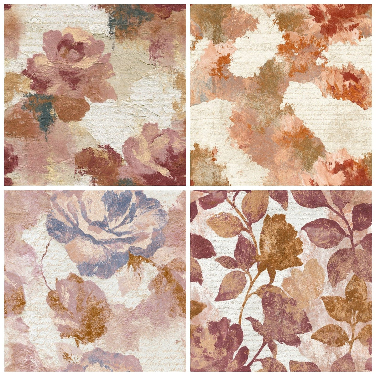 Four more Roman Fresco Roses Copper Seamless digital papers from the pack shown in a grid