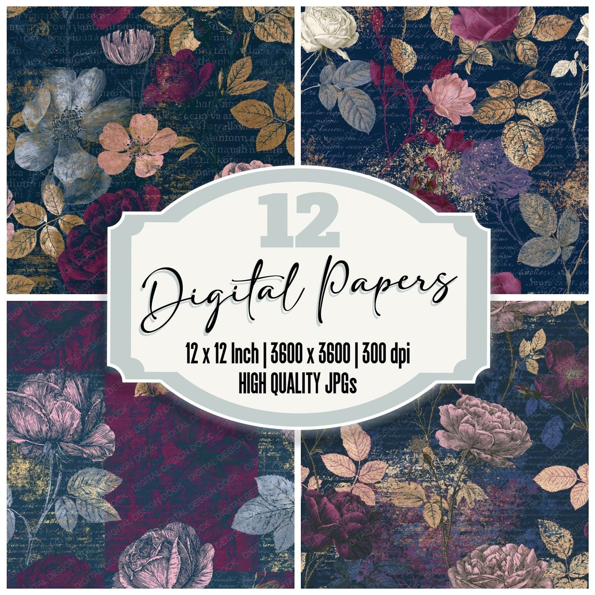 Scientific Roses Wine Pewter Seamless digital paper pack cover showing four of the 12 papers