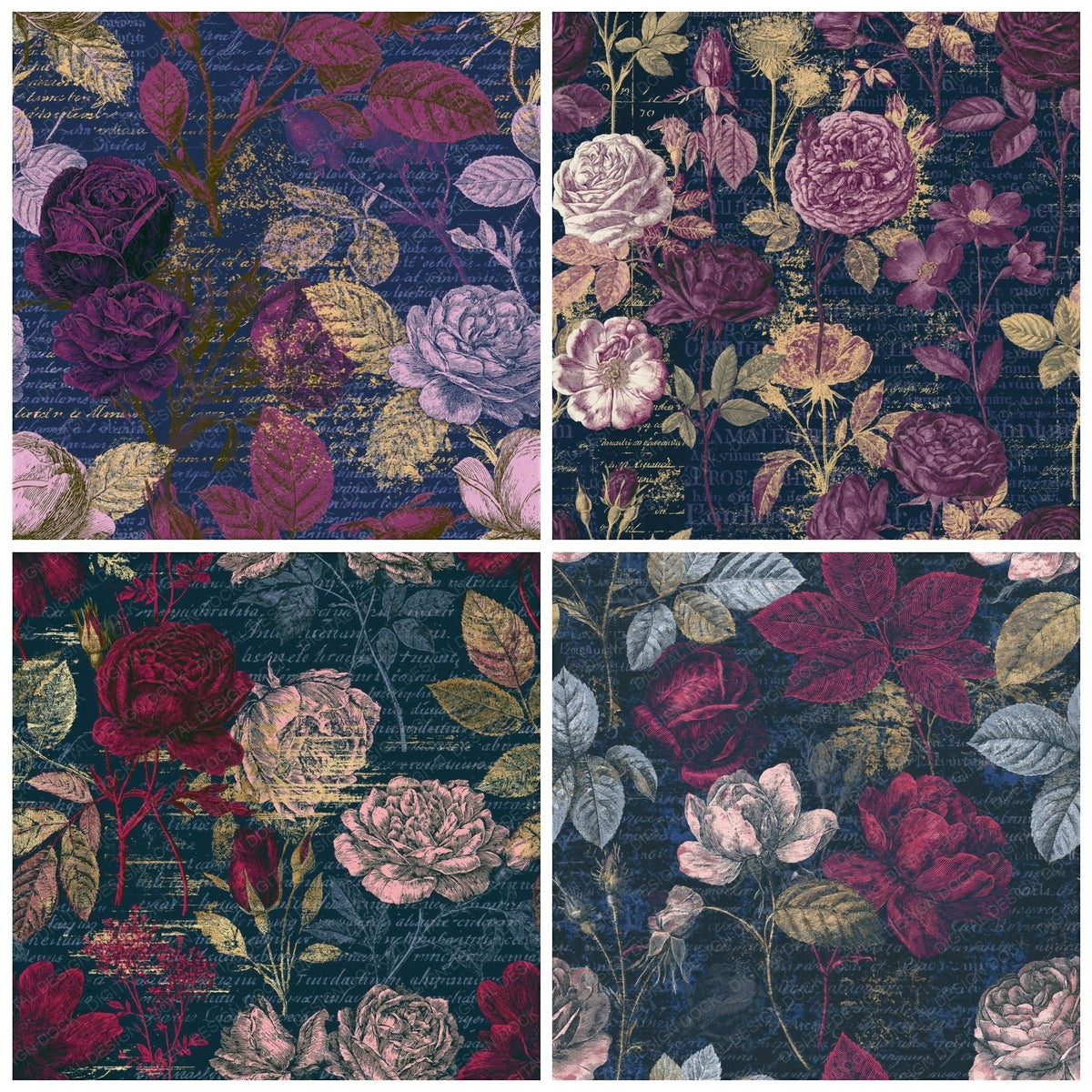 Four Scientific Roses Wine Pewter Seamless digital papers from the pack shown in a grid