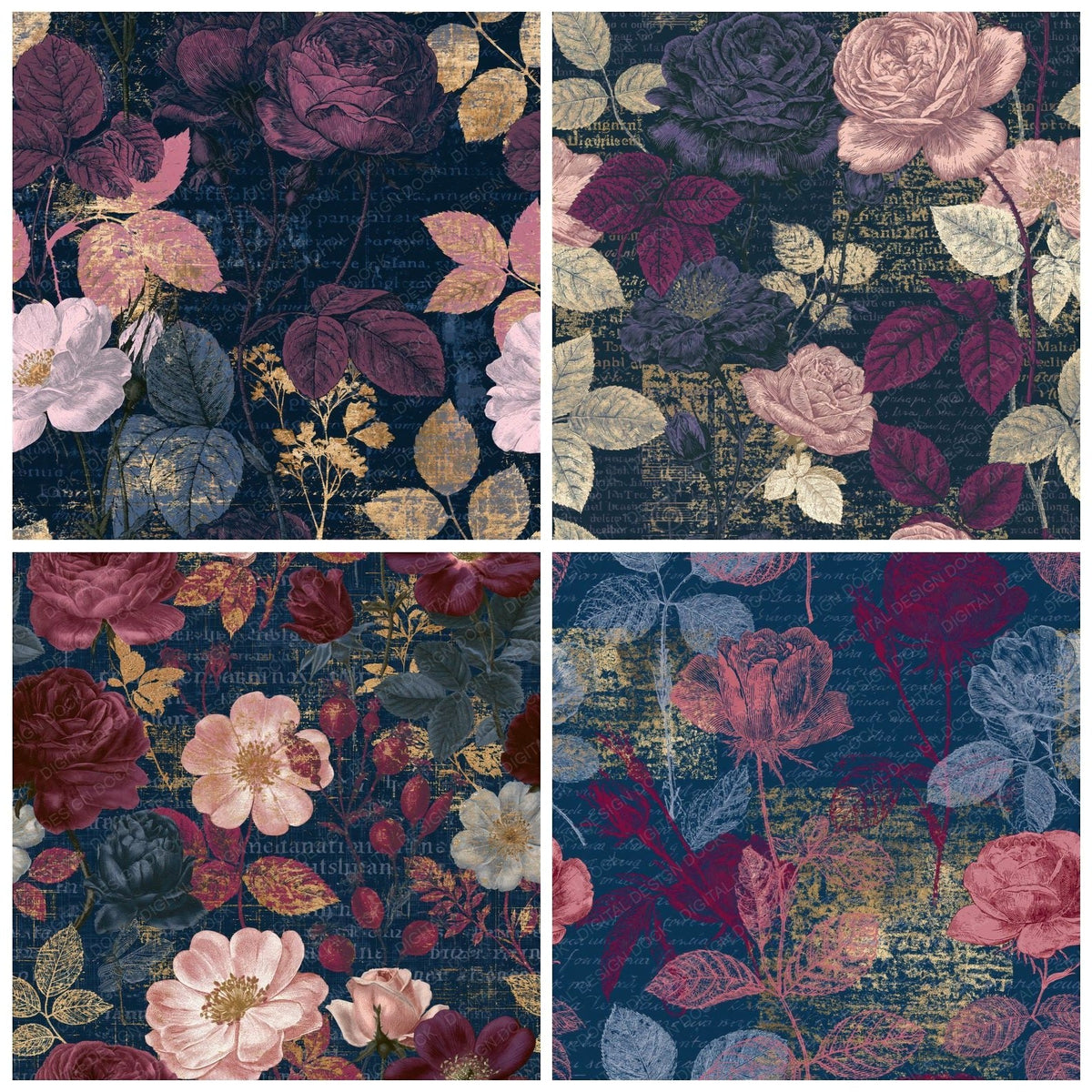 Four more Scientific Roses Wine Pewter Seamless digital papers from the pack shown in a grid