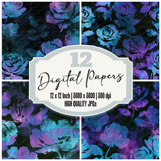 Sumi-e Rose Cyan Violet Abstract Digital Paper Pack (DDD016781)