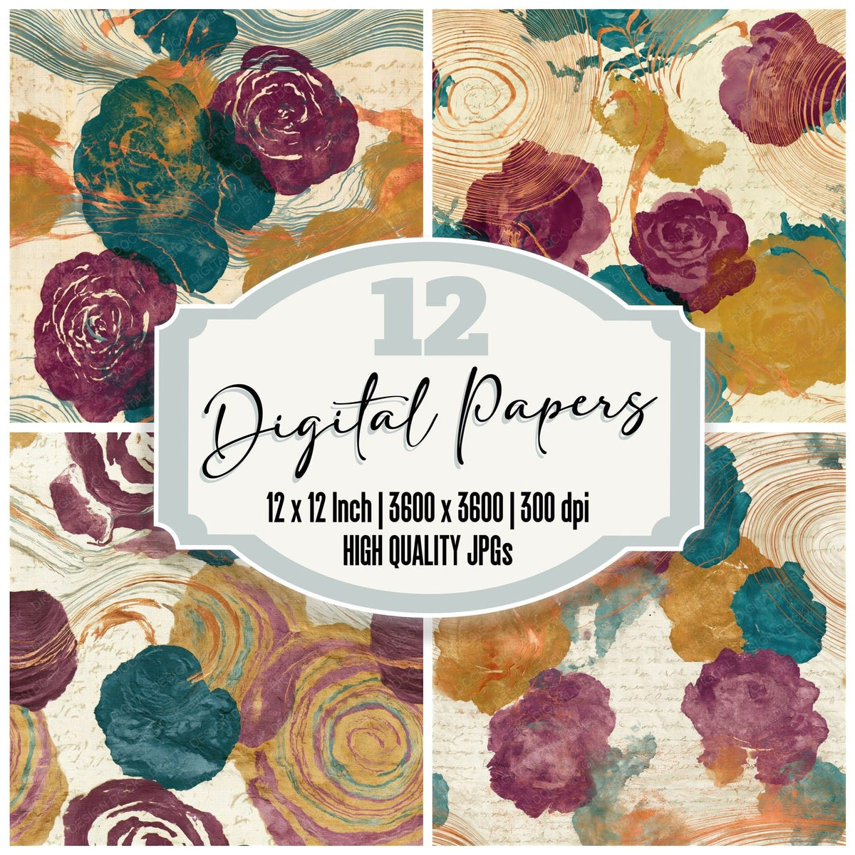 Suminagashi Roses Ochre Plum Teal Seamless digital paper pack cover showing four of the 12 papers