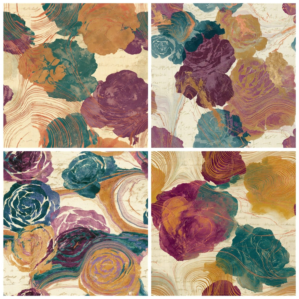 Four Suminagashi Roses Ochre Plum Teal Seamless digital papers from the pack shown in a grid