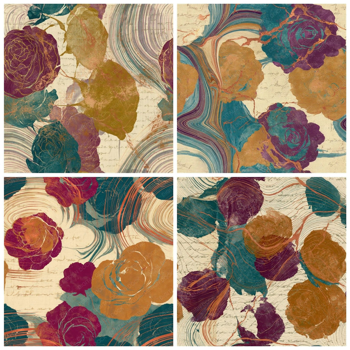 Four more Suminagashi Roses Ochre Plum Teal Seamless digital papers from the pack shown in a grid
