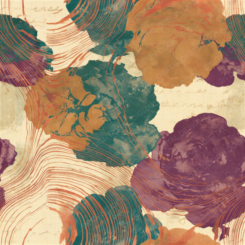 Single Suminagashi Roses Ochre Plum Teal Seamless digital paper shown full size