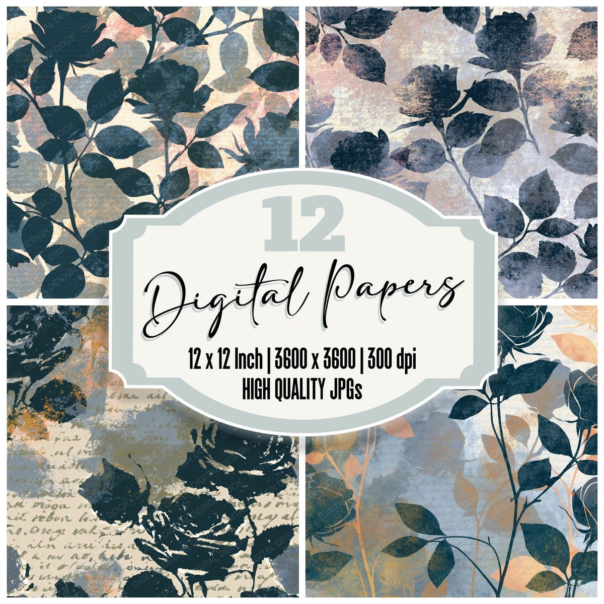 X-ray Roses Pewter Slate Abstract digital paper pack cover showing four of the 12 papers