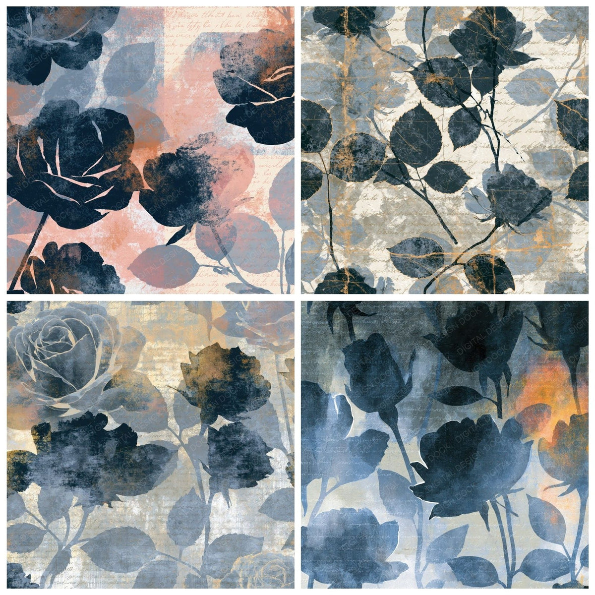 Four X-ray Roses Pewter Slate Abstract digital papers from the pack shown in a grid