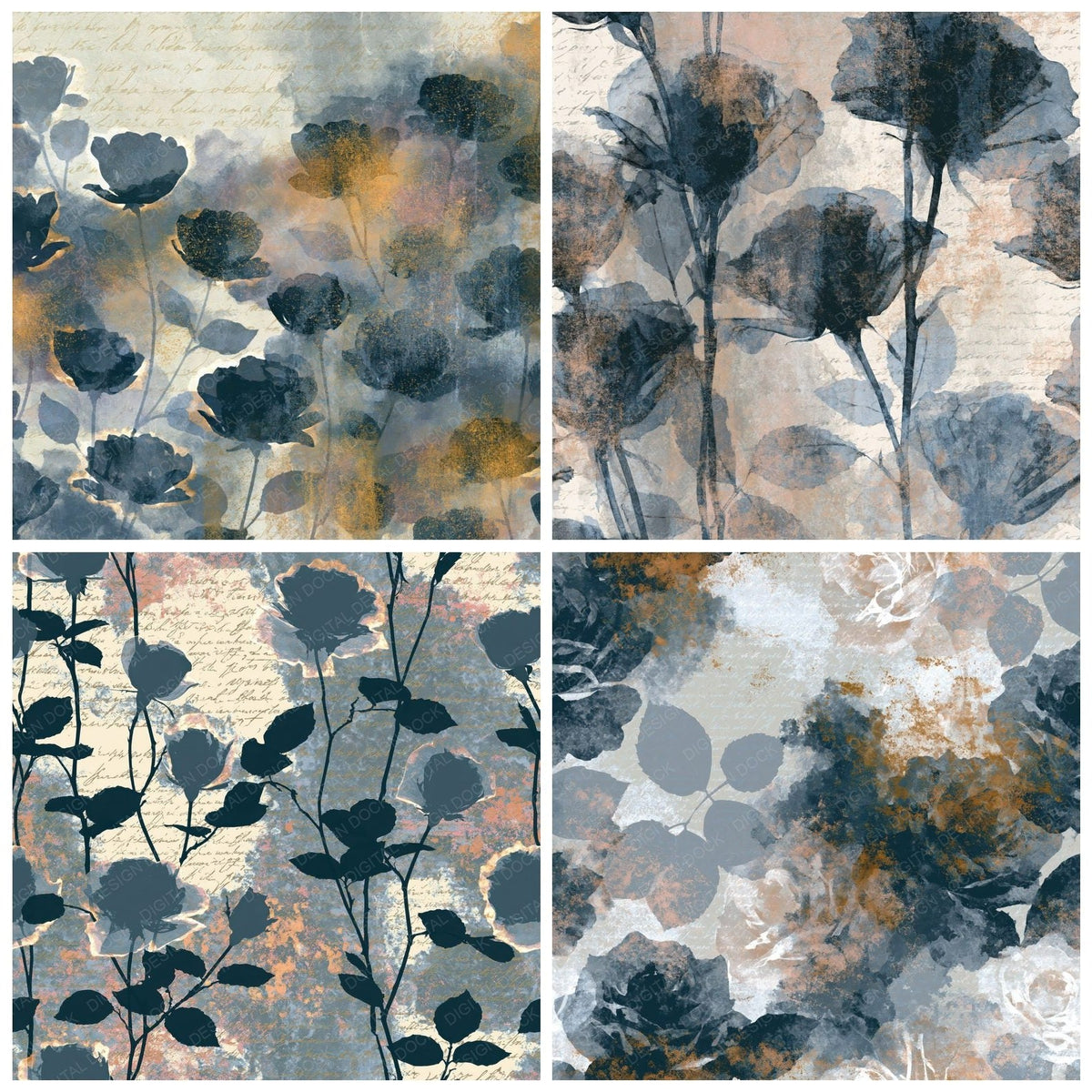 Four more X-ray Roses Pewter Slate Abstract digital papers from the pack shown in a grid