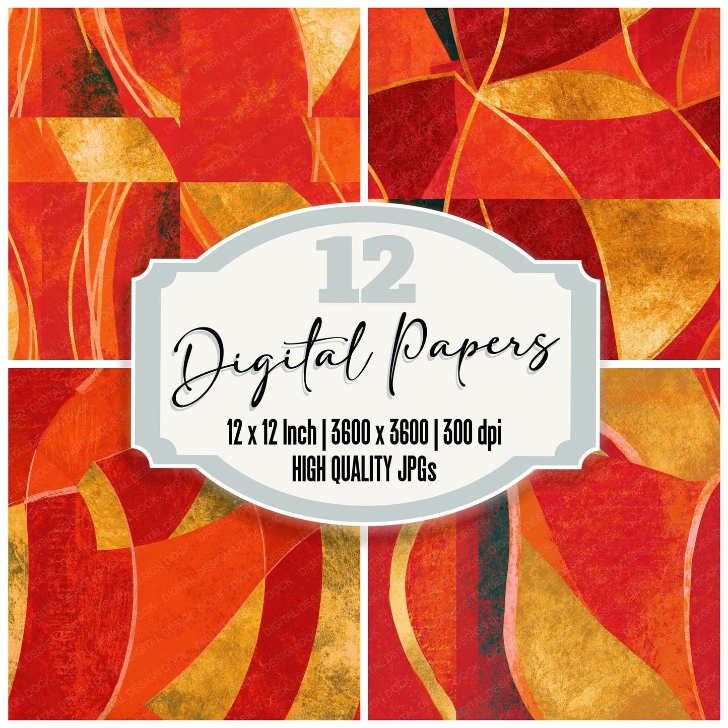 Mid Century Line Art Gold Persimmon Abstract Seamless Digital Paper Pack (DDD016794)