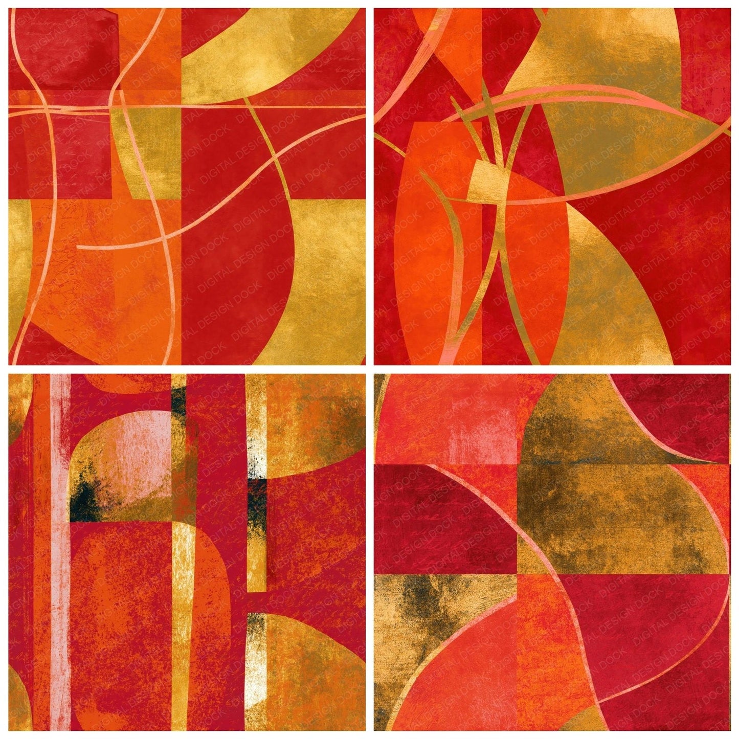 Mid Century Line Art Gold Persimmon Abstract Seamless Digital Paper Pack (DDD016794)