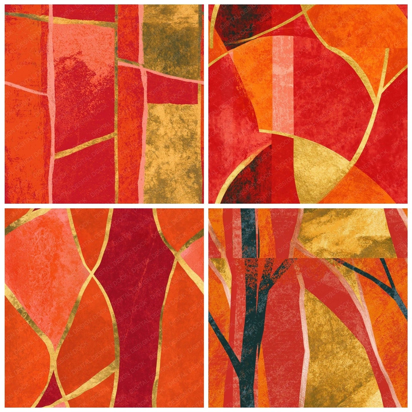 Mid Century Line Art Gold Persimmon Abstract Seamless Digital Paper Pack (DDD016794)