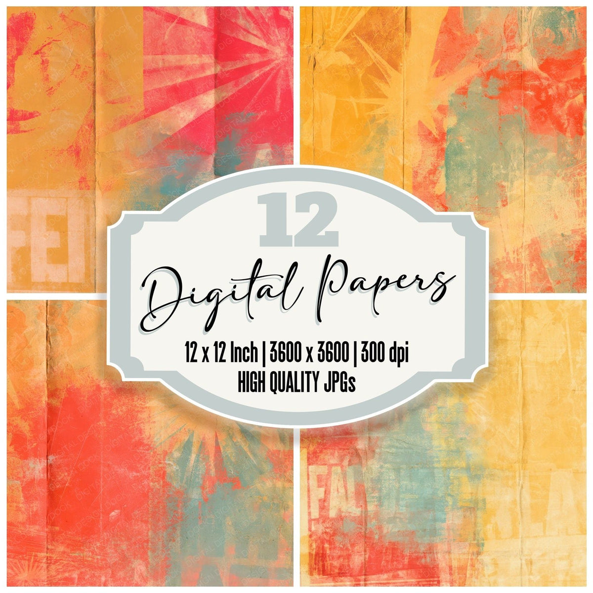 Retro Movie Poster Marigold Crimson digital paper pack cover showing four of the 12 papers