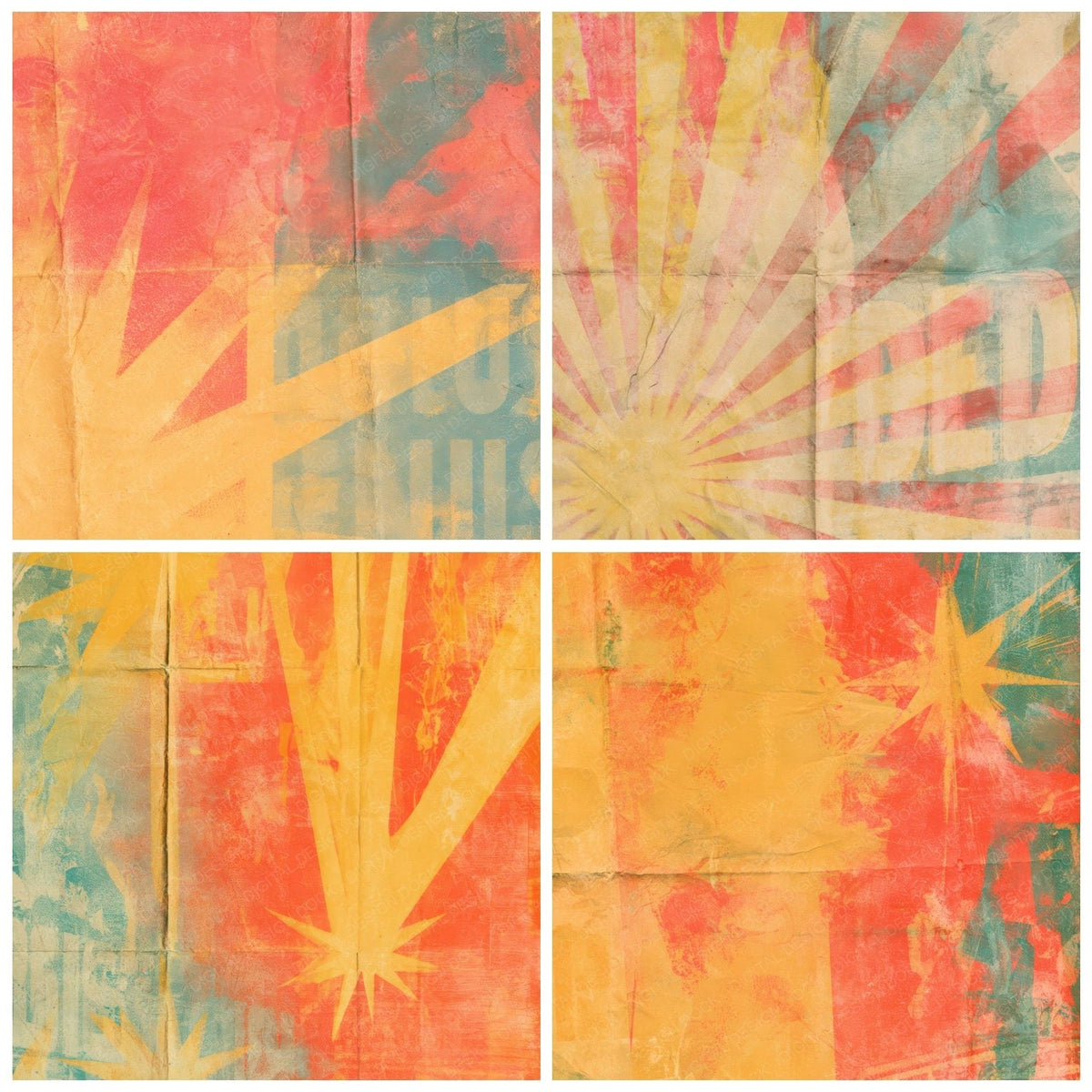 Four Retro Movie Poster Marigold Crimson digital papers from the pack shown in a grid