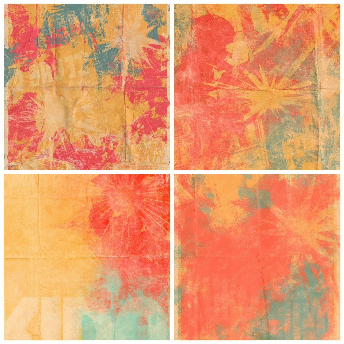 Four more Retro Movie Poster Marigold Crimson digital papers from the pack shown in a grid